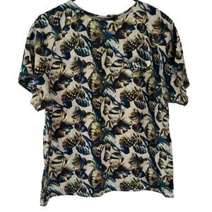 Oscar de la Renta Womens Shirt Size L 14 Blue Cream Seashell Ocean Classic Beach